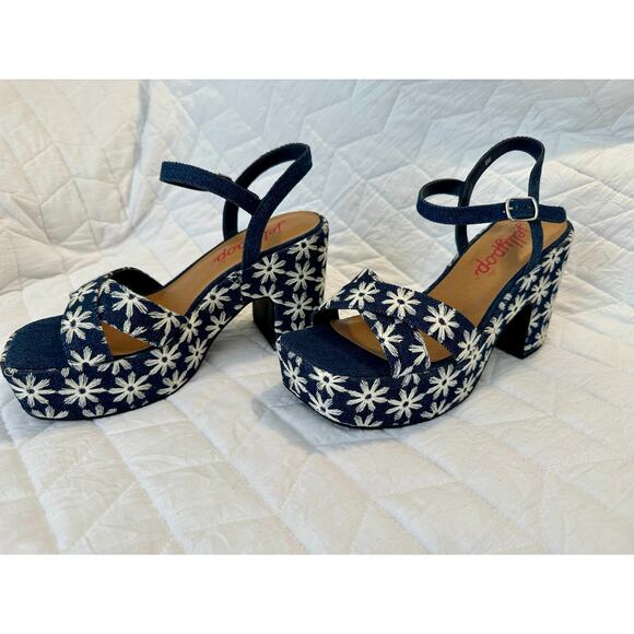 Women’s Jelly pop Bohemian Flower Embroidered Chunky Heels, size 8, denim, - Picture 11 of 11